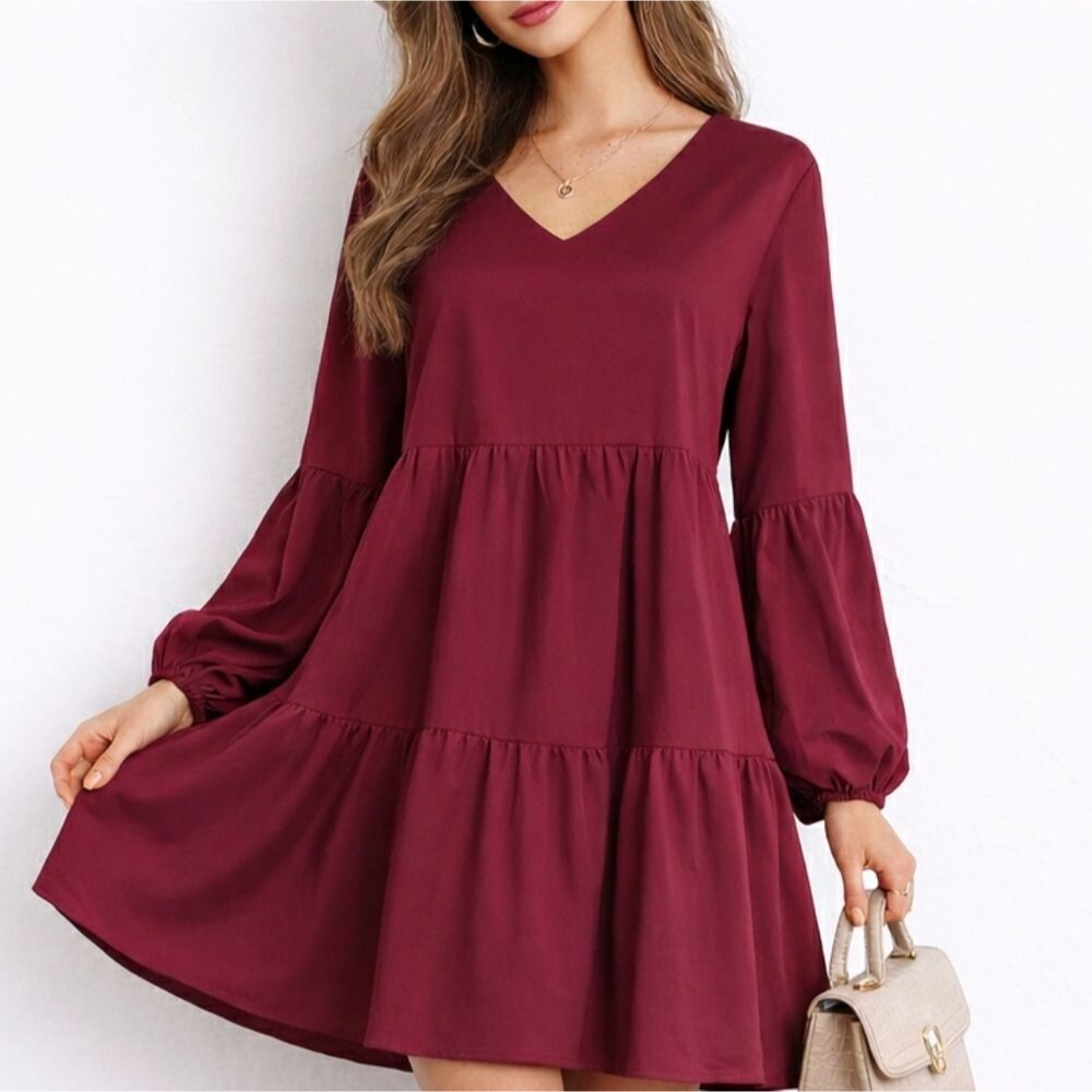 AROLINA Smock Dress Tiered Fun Casual Ruffle Balloon Sleeves Burgundy Size L NEW